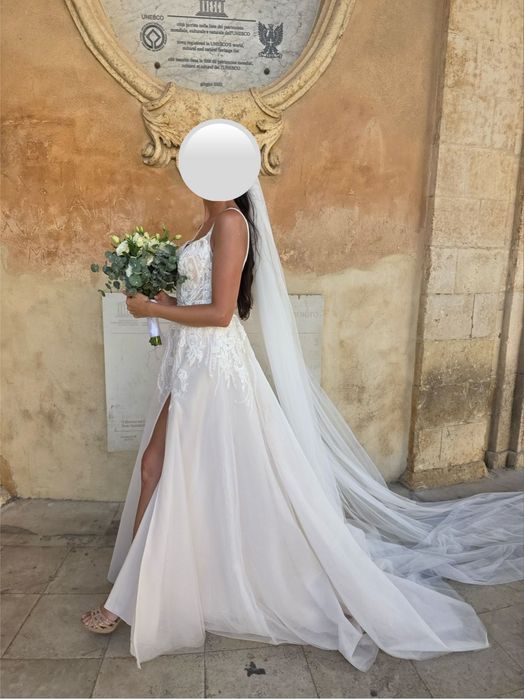 Suknia ślubna, ecru, pudrowy, koraliki, boho, welon