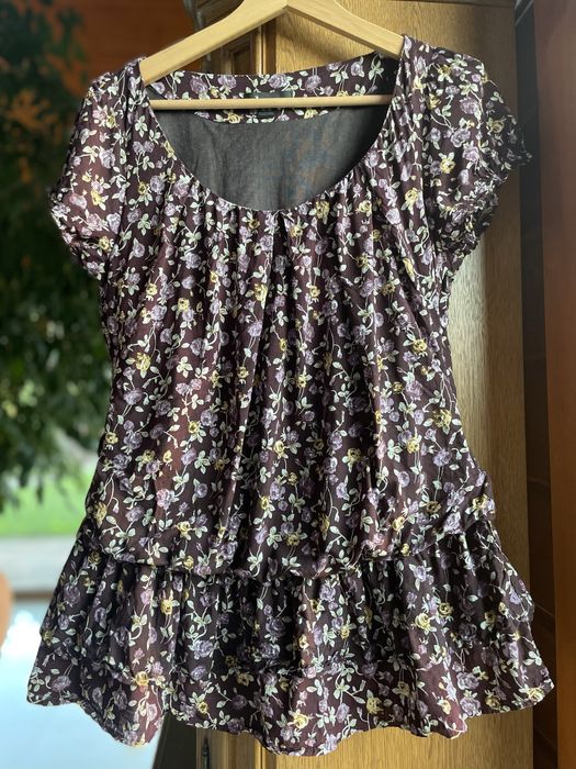 Bluzka brązowa w kwiaty Forever 21 krotki rękaw zwiewna letnia