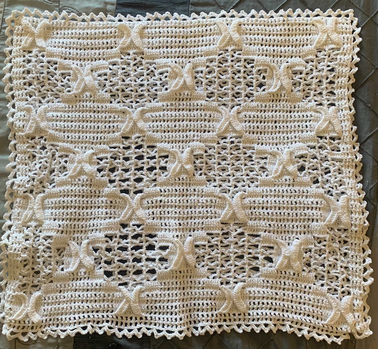 Crocheted bedspread and two pillows, white thread