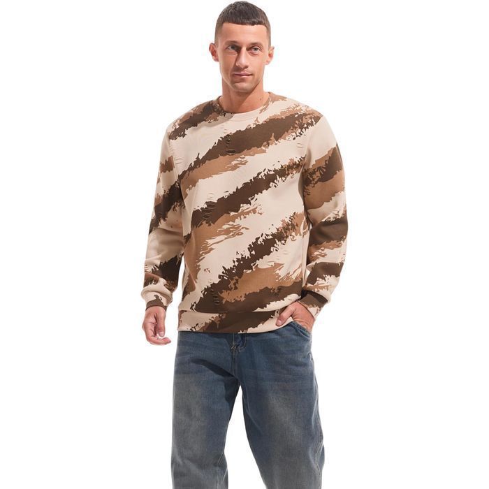 Męska bluza polarowa crewneck - ocieplana, moro beżowa, XXL