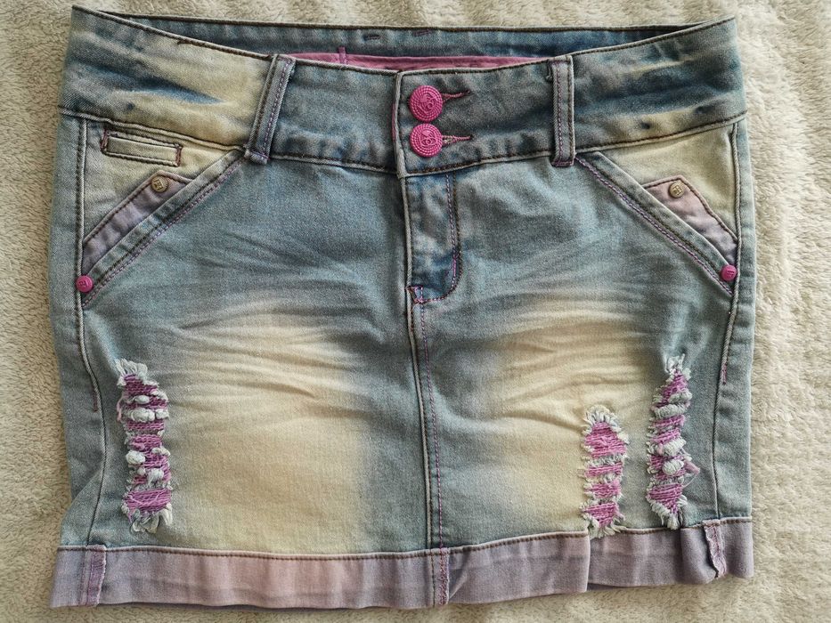 Kolorowa przecierana ombre jeansowa spódnica z dziurami Bacci 140