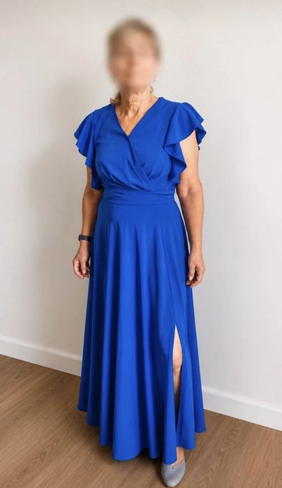 Elegancka długa sukienka chabrowa kobaltowa 38 M wesele studniówka maxi