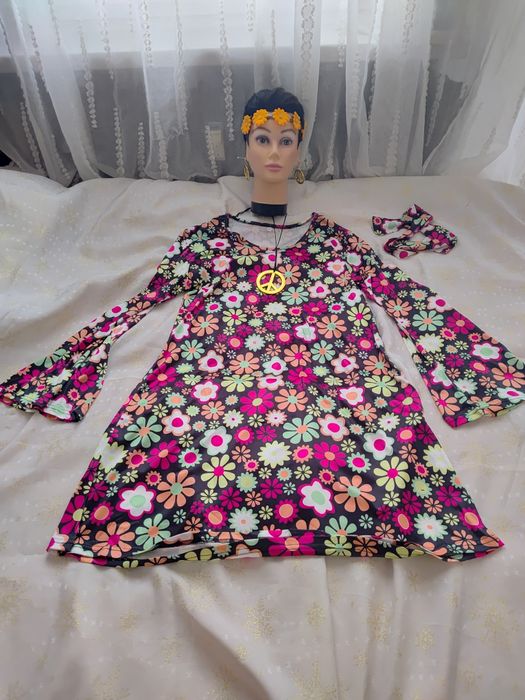 Strój przebranie hippie hipis hipiska lata 60/70 pięć części roz XL