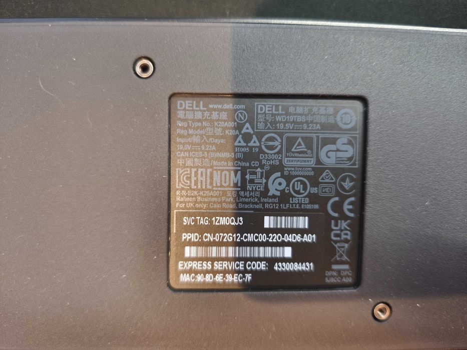 Stacja dokująca Dell Dock WD19TBS K20A 240W USB-C HDMI DisplayPort MAC