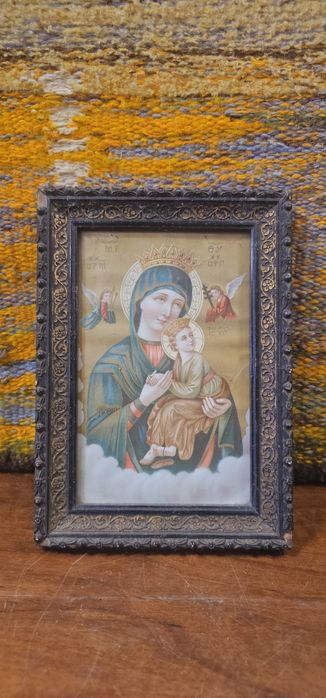 Stary, przedwojenny, polski oleodruk z Maryją i Dzieciątkiem