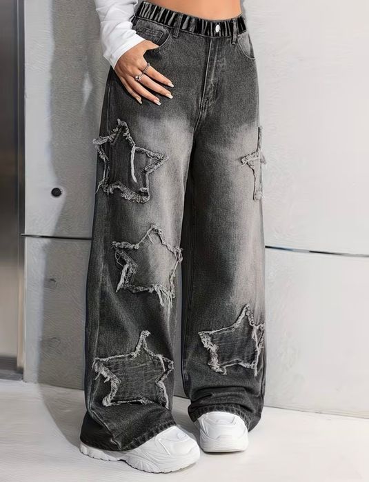 Сірі чорні широкі джинси бегі беггі в зірку на дівчинку серые джинсы