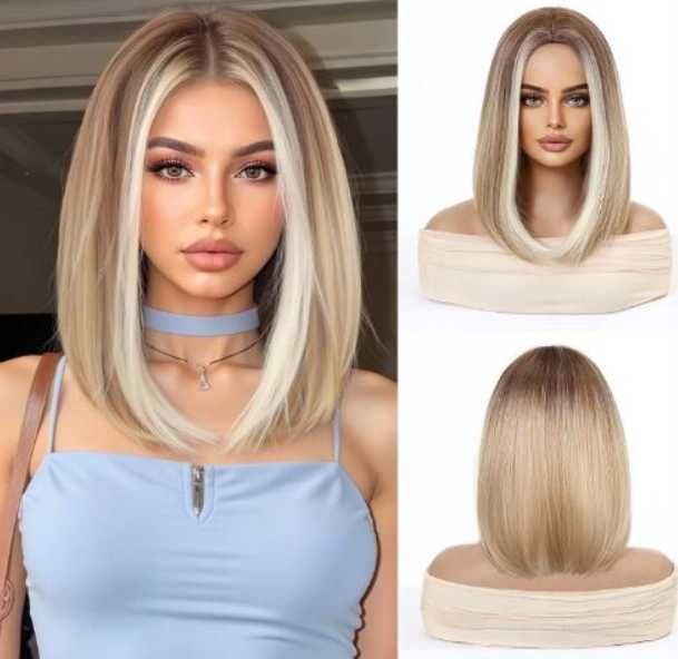Peruka bob ombre blond z grzywką naturalna prosta 35 cm