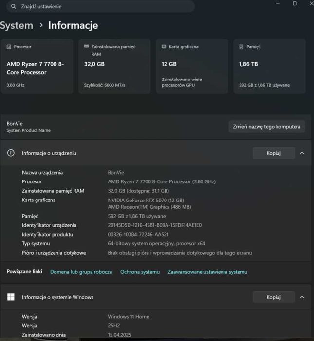 Komputer gamingowy / AMD Ryzen 7 7700 / MSI GeForce RTX 5070