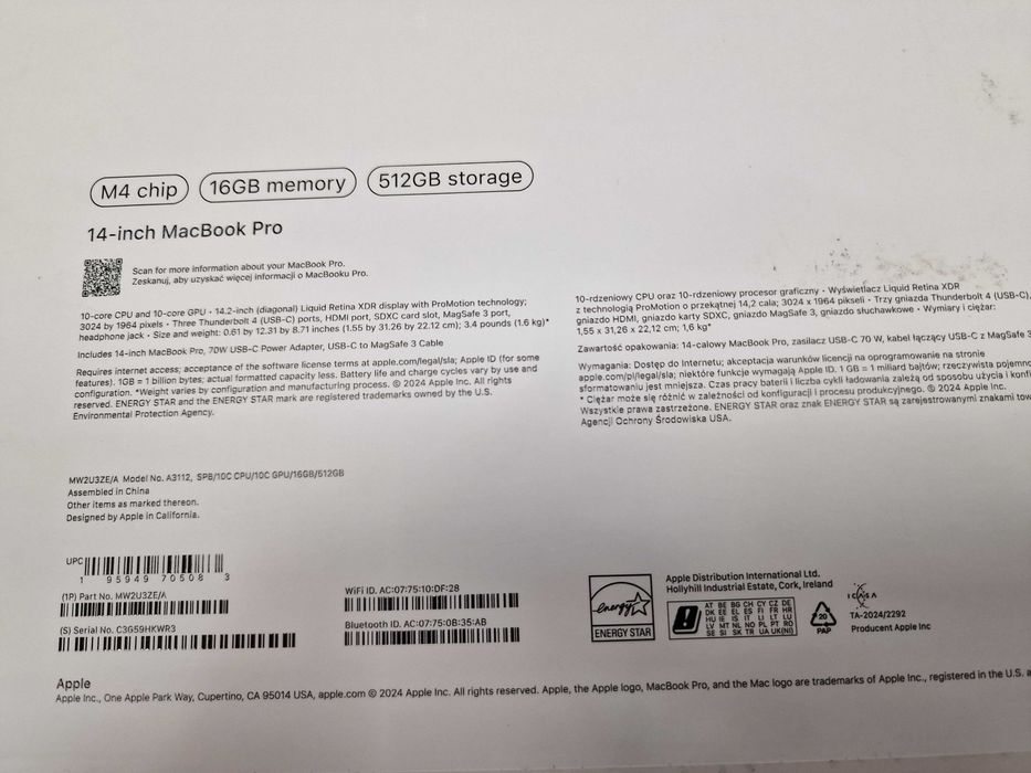 Macbook PRO 14 2024/ M4/ 16GB DDR5/ 512GB/ 2 cykle! Space Black/ Gr A-