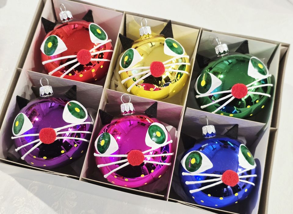Bombki choinkowe szklane kolorowe kotki 6 szt retro jak prl