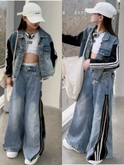 Джинсовый костюм для девочки с трикотажными вставками джинсовий костюм