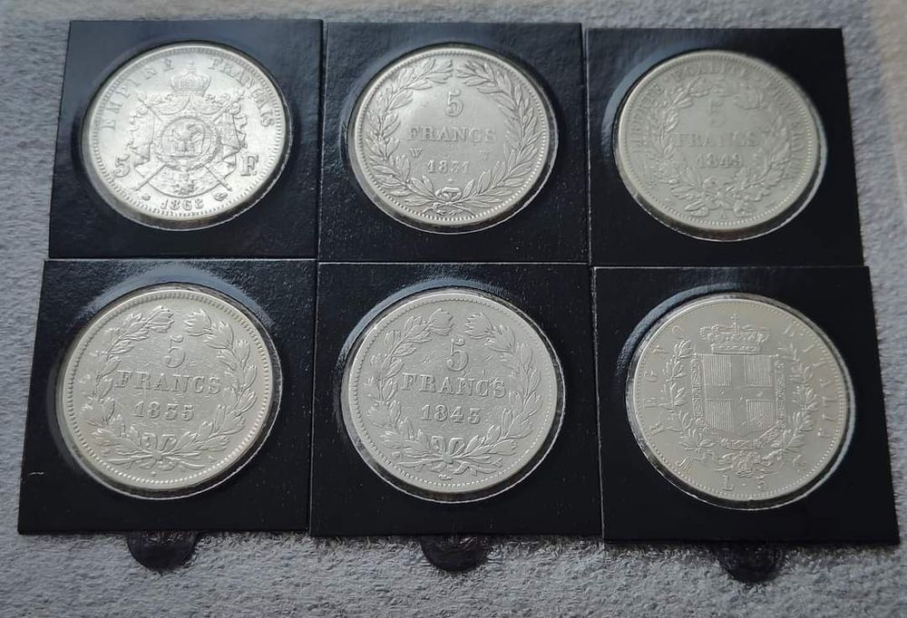 Лот ! 5 Франків та Песет різних років! Срібло! 6 монет !
