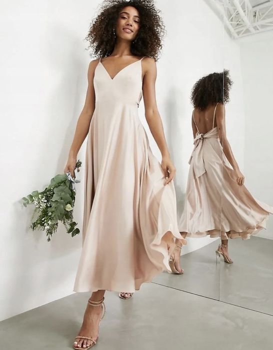 Sukienka midi ASOS Design bridesmaid różowa pudroworóżowa satynowa z wiązaniem