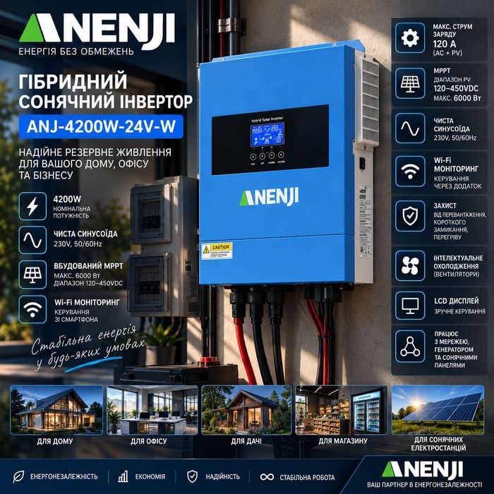 Гібридний інвертор ANENJI ANJ-4200W-24V-W 4200W 24V Wi-Fi