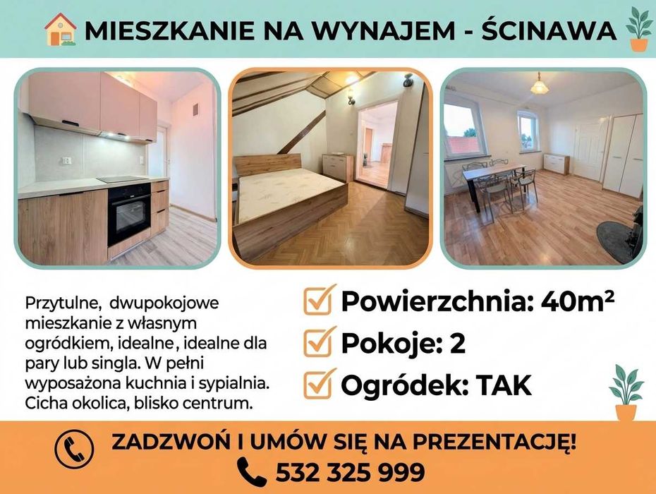 Mieszkanie do wynajęcia - bezczynszowe, 2 pokoje, Ścinawa