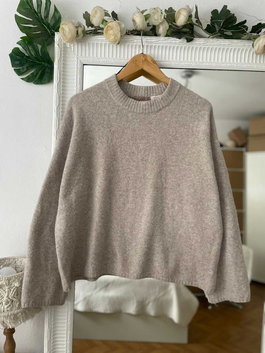 H&M sweter beżowy melanż oversize z włosem wełna S 36 M 38
