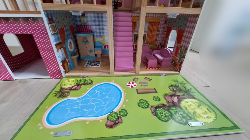 Duży drewniany domek dla lalek + meble | 3 piętra