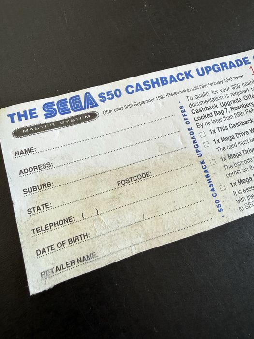 Voucher / vale Sega Master System - Mega Drive - anos 90