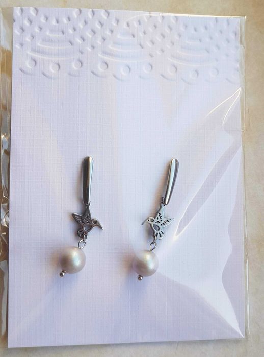 Kolczyki Stal Chirurgiczna - Kolibry, Perły Swarovski