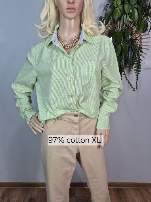 Elegancka bawełniana koszula damska XL biało zielona krateczka Boden