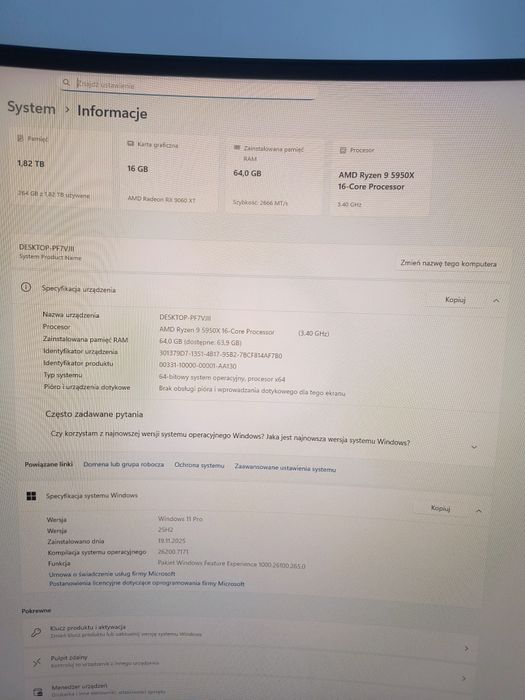 Komputer DO GIER  Ryzen 9 5950X/ RX 9060 XT 16GB/ 64GB RAM/DYSK 2TB