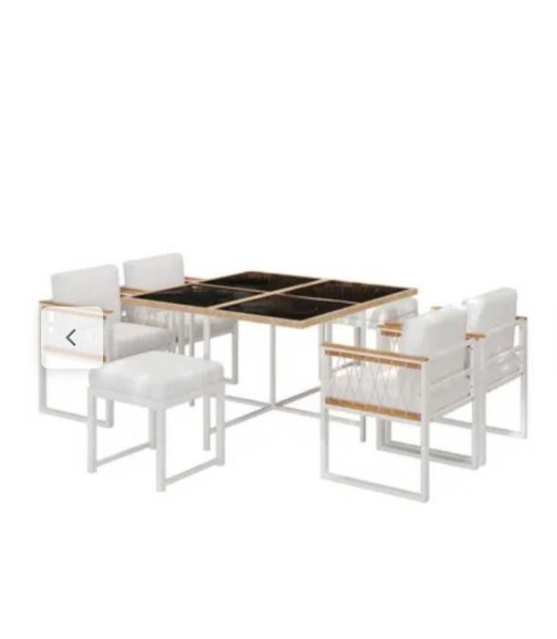 NOVO Conjunto de jantar exterior de 7 peças para 6 pessoas, mesa em vidro temperado, assentos em vime com apoios de braços em madeira de acácia