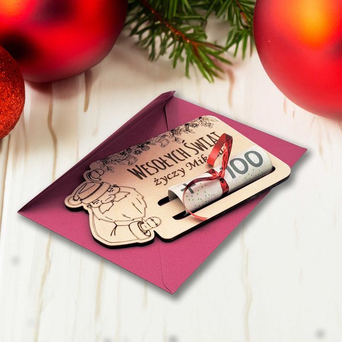 Kartka Świąteczna na Mikołaja z Drewna – Elegancki Prezent na Gotówkę!