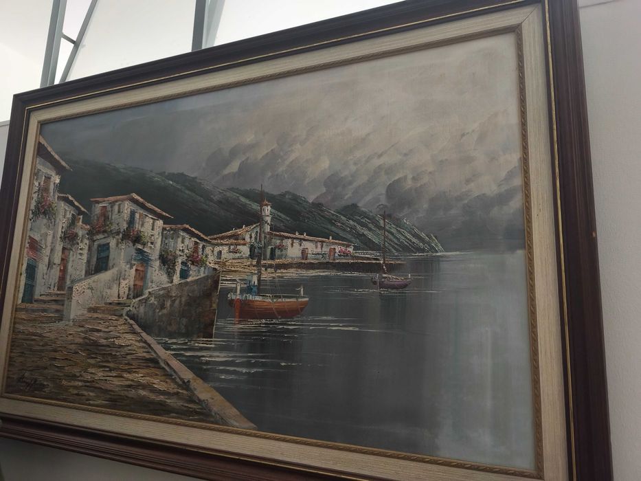 Quadro Antigo a Óleo – Aldeia Costeira Portuguesa – Assinado