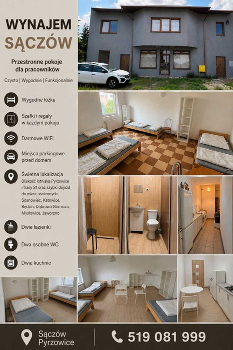 Kwatery Pracownicze • 15 miejsc  • 2 kuchnie • parking dla 4 busów • PYRZOWICE/SĄCZÓW