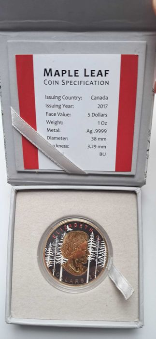 Канадські інвестиційні срібні монети Maple Leaf 2017 року, вагою 1 унція (31,1 г) чистого срібла .999