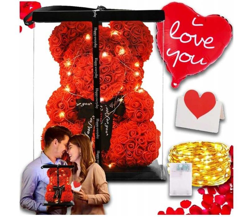 (Zestaw) Walentynki Prezent Miś z róź, Złoty Naszyjnik SERCE 925/585