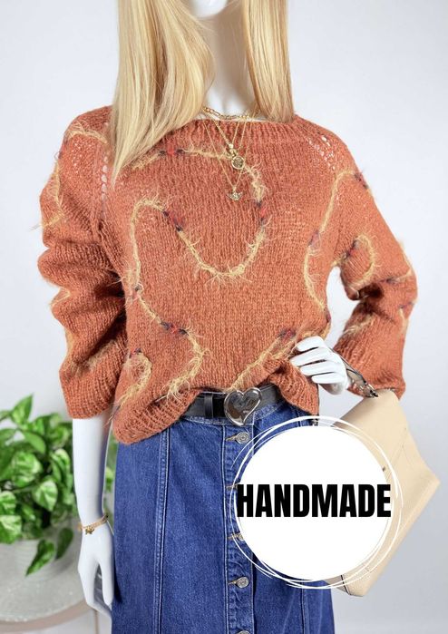 Ręcznie dziergany sweter z wełny M/L casual na co dzień handmade