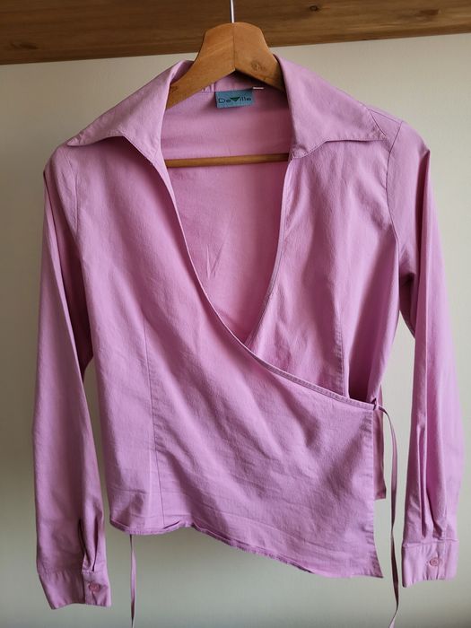 Różowa wiązana bluzka/ koszula z kołnierzykiem, rozmiar M