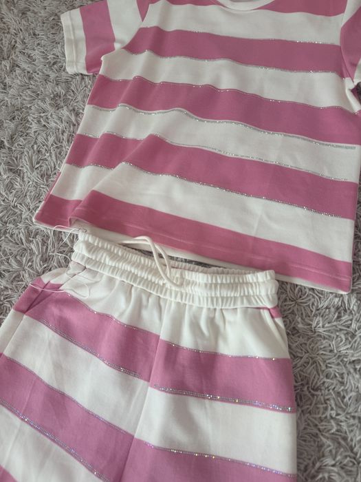 Komplet letni w paski różowo białe pudrowy róż spodenki bluzka krótki Dresowe L XL
