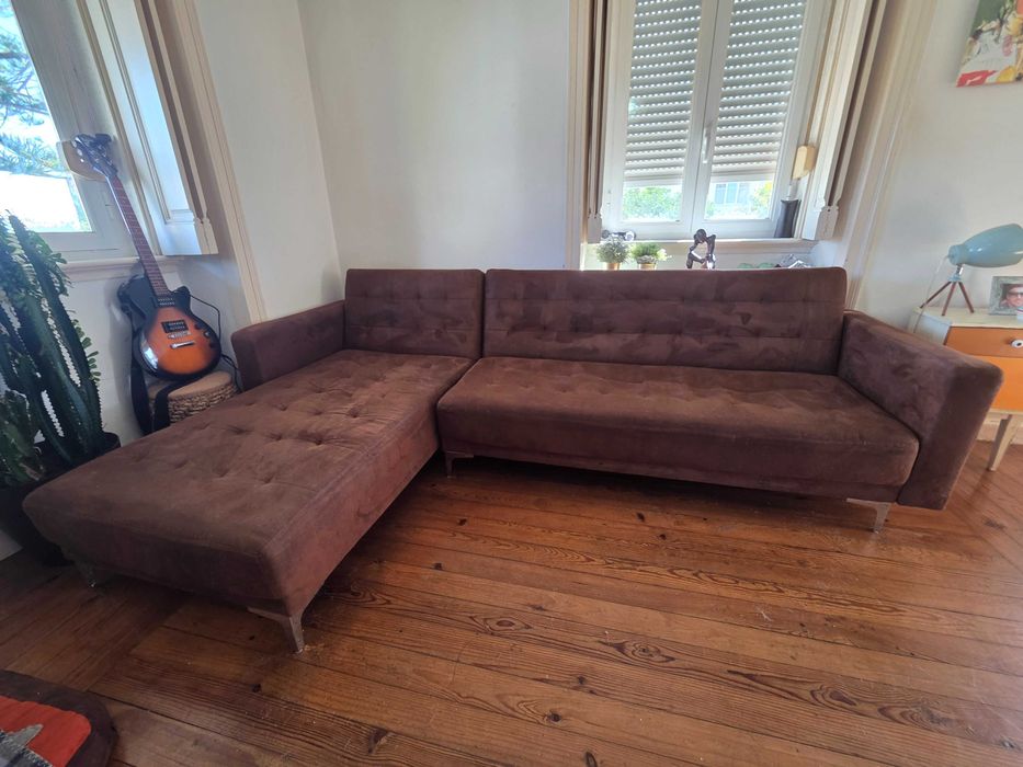 Sofá Cama com Chaise Longue Castanho (Modular/Para Restauro) – Negociável
