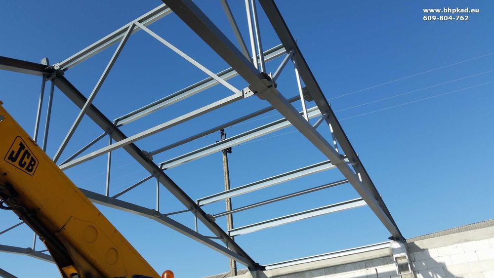 Wiązary dachowe. 16x50m. Dach stalowy. BHP KAD.