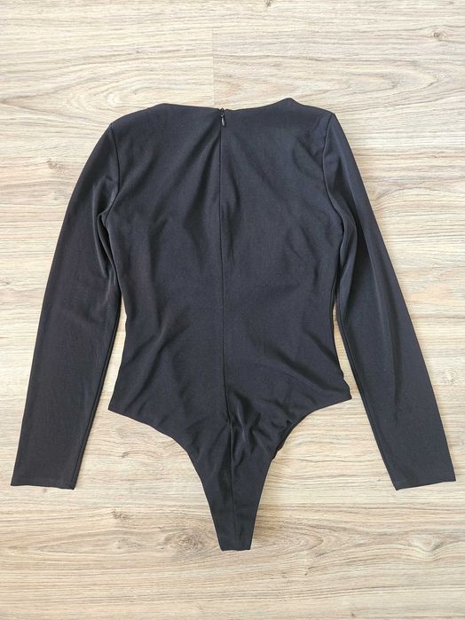 Body czarne długi rękaw figi marszczony dekolt opinające zara S M