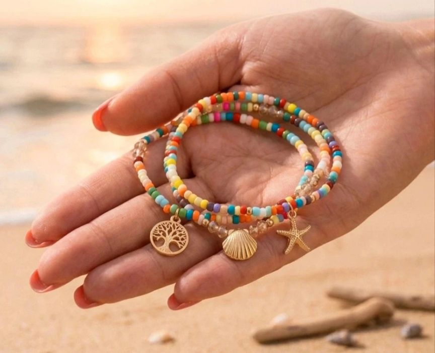 Zestaw 3 Bransoletek na Kostkę Stal Chirurgiczna– Summer Vibes & Boho Style