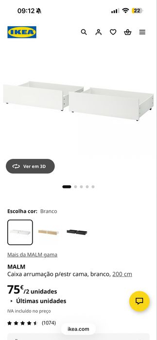 Cama Malm Ikea c/ 2 gavetas + colchão de espuma