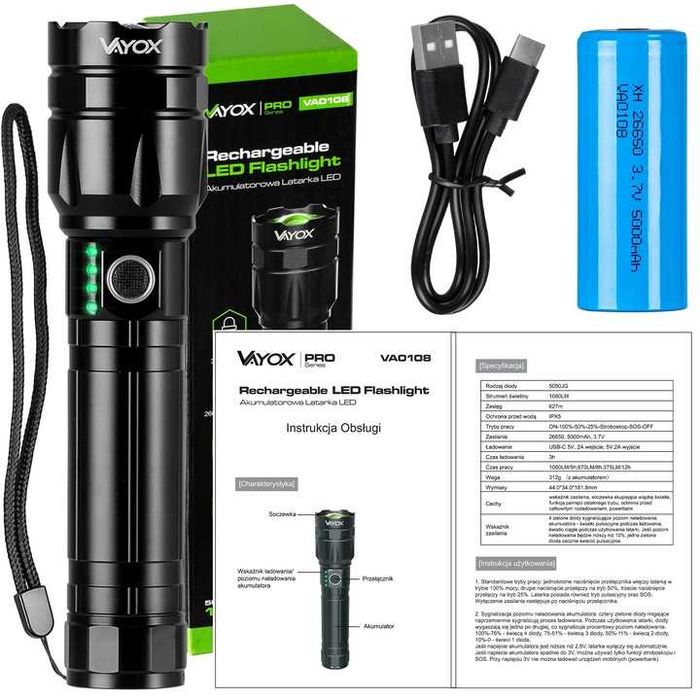 MOCNA Latarka taktyczna wojskowa LED akumulatorowa PRO zoom powerbank