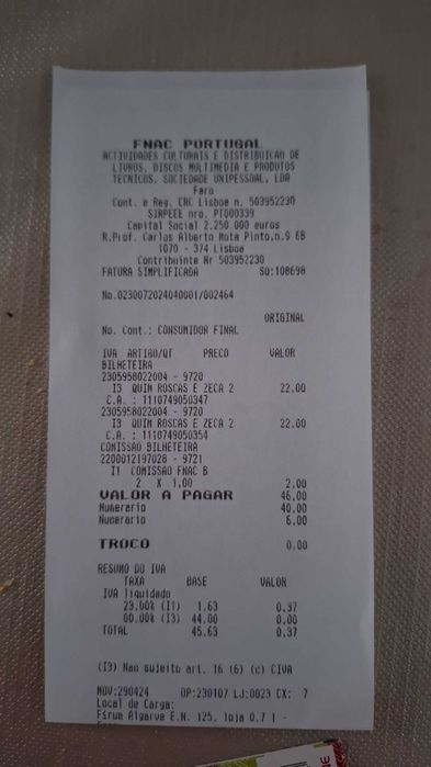 Vendo bilhetes Quim Roscas e Zeca Estancionâncio- Albufeira