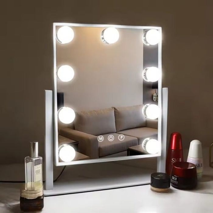 Косметичне дзеркало з підсвічуванням, голлівудське, 9 LED, 10Х, біле / Дзеркало з лампочками / Настільне дзеркало для макіяжу