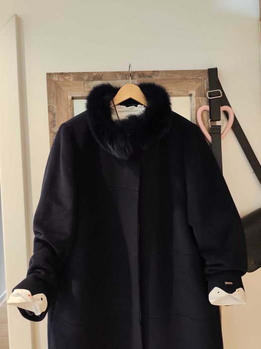 JASS elegancki płaszcz damski granatowy futro lisa wełna angora 48