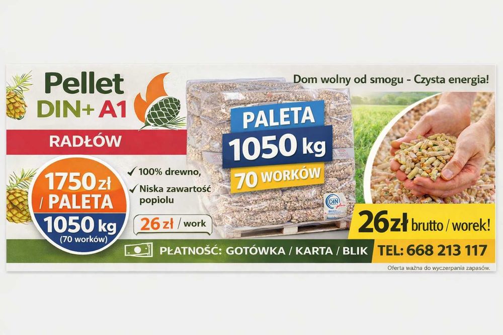 Pellet DIN+ certyfikat A1  – paleta 70 workow 1050kg