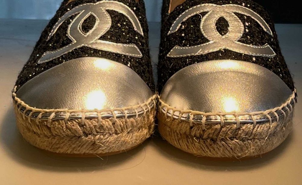 Espadryle inspirowane stylem Chanel 41 -39 czarne tweedowe srebrne logo