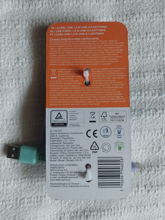 Kabel USB-A na Lightning 1.5m Hykker nowy