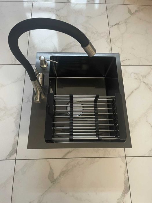 Кухонная мойка Luminex 5045 см черная и гибкий кран с фильтром воды