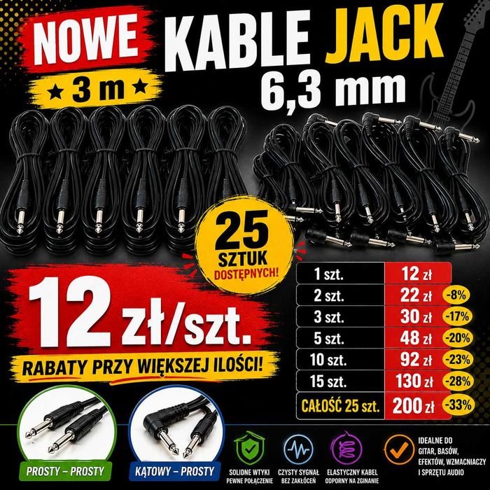 Kable Jack 6,3 mm 3m NOWE | Prosty-Prosty / Prosty-Kątowy | Gitara, Audio, Wzmacniacz, Mikser | 24 szt | Hurt