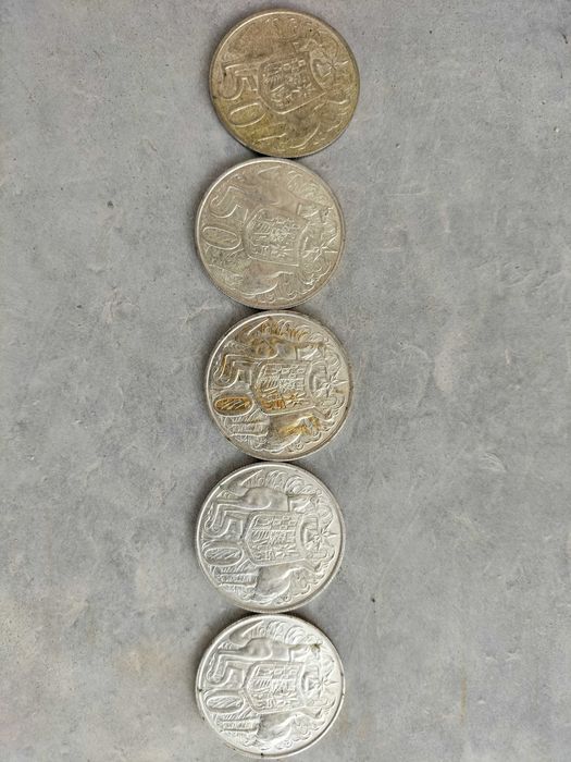 Lote 5 Moedas de Prata - 50 Cents Austrália 1966 (Raras/Circulares)