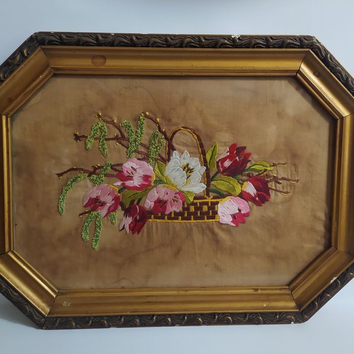 Obraz haftowany na jedwabiu XIX wiek